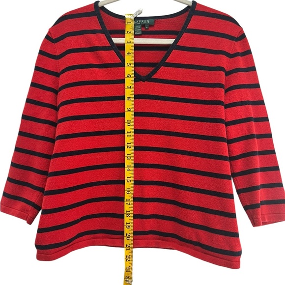 Lauren Ralph Lauren v-neck Sweater. Red with Navy Blue Horizontal Stripes Medium - Picture 4 of 6
